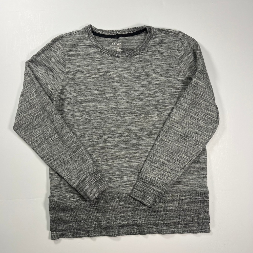 LL Bean Pullover Women Medium Gray Space Dye Thumbhole Crew Neck Top Split Hem